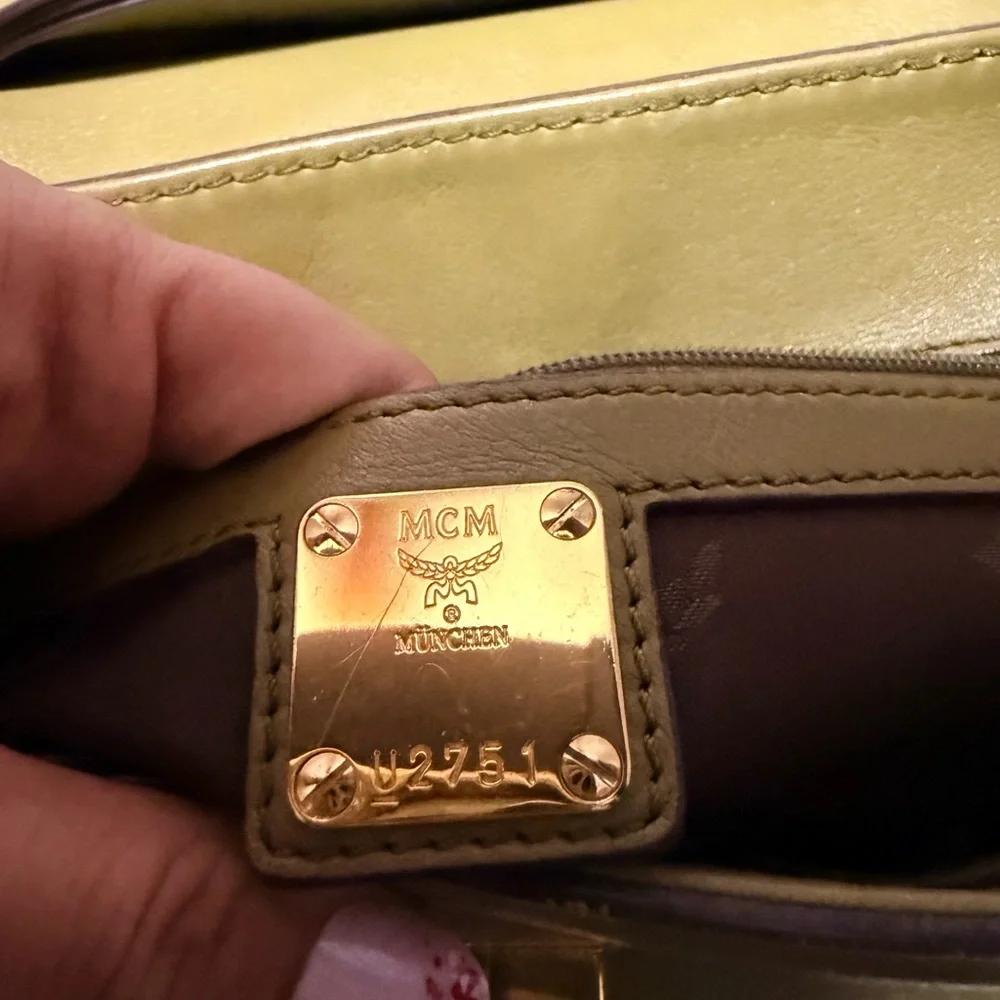 MCM Olive Leather Briefcase with Gold Accents